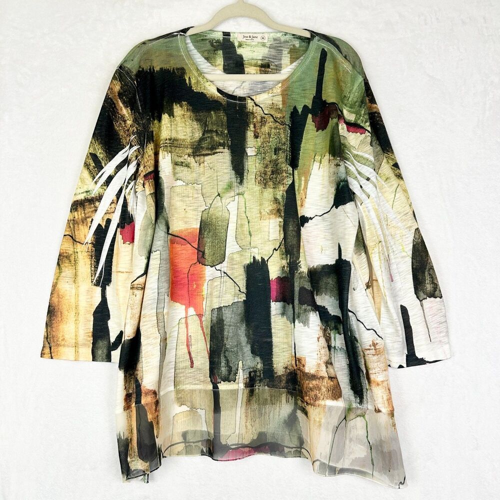 Jess & Jane Tunic Size XL Abstract Watercolor Print Chiffon Hem 3/4 Sleeve Artsy